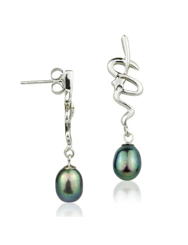Silver ribbon earrings decorated with a star, topped with oval dark freshwater pearls SE0919S