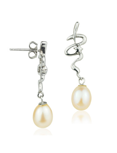 Silver ribbon earrings decorated with a star, topped with oval salmon freshwater pearls SE0919S