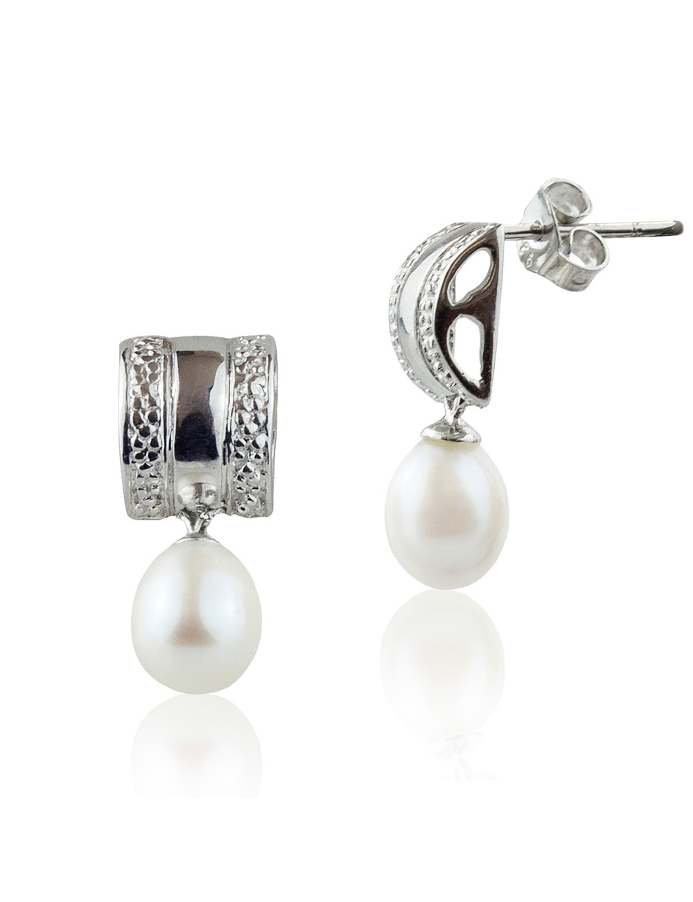 Stud earrings with silver embellished fluted blanks and white oval pearls ZIE0539S