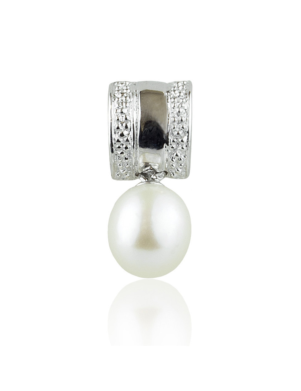 Pendant with silver plate decorated with grooves and white oval pearl ZIP0539S