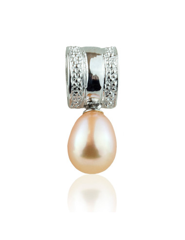 Pendant with silver plate decorated with grooves and pink oval pearl ZIP0539S