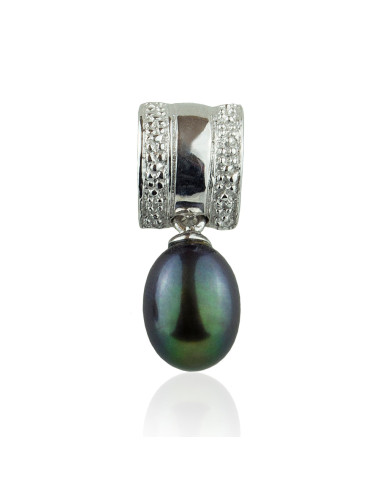 Pendant with silver plate decorated with grooves and dark oval pearl ZIP0539S