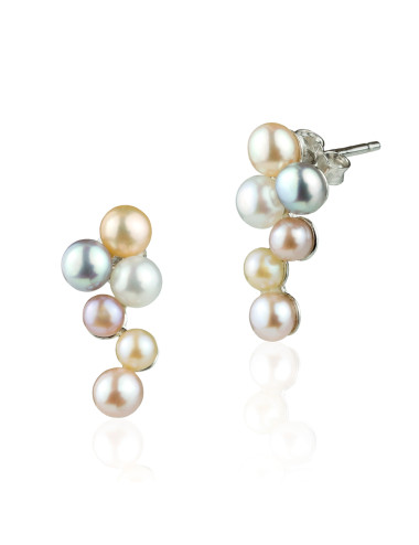 Srebrne kolczyki sztyfty z sześcioma połączonymi ze sobą perłami w pastelowych odcieniach różu KS34S