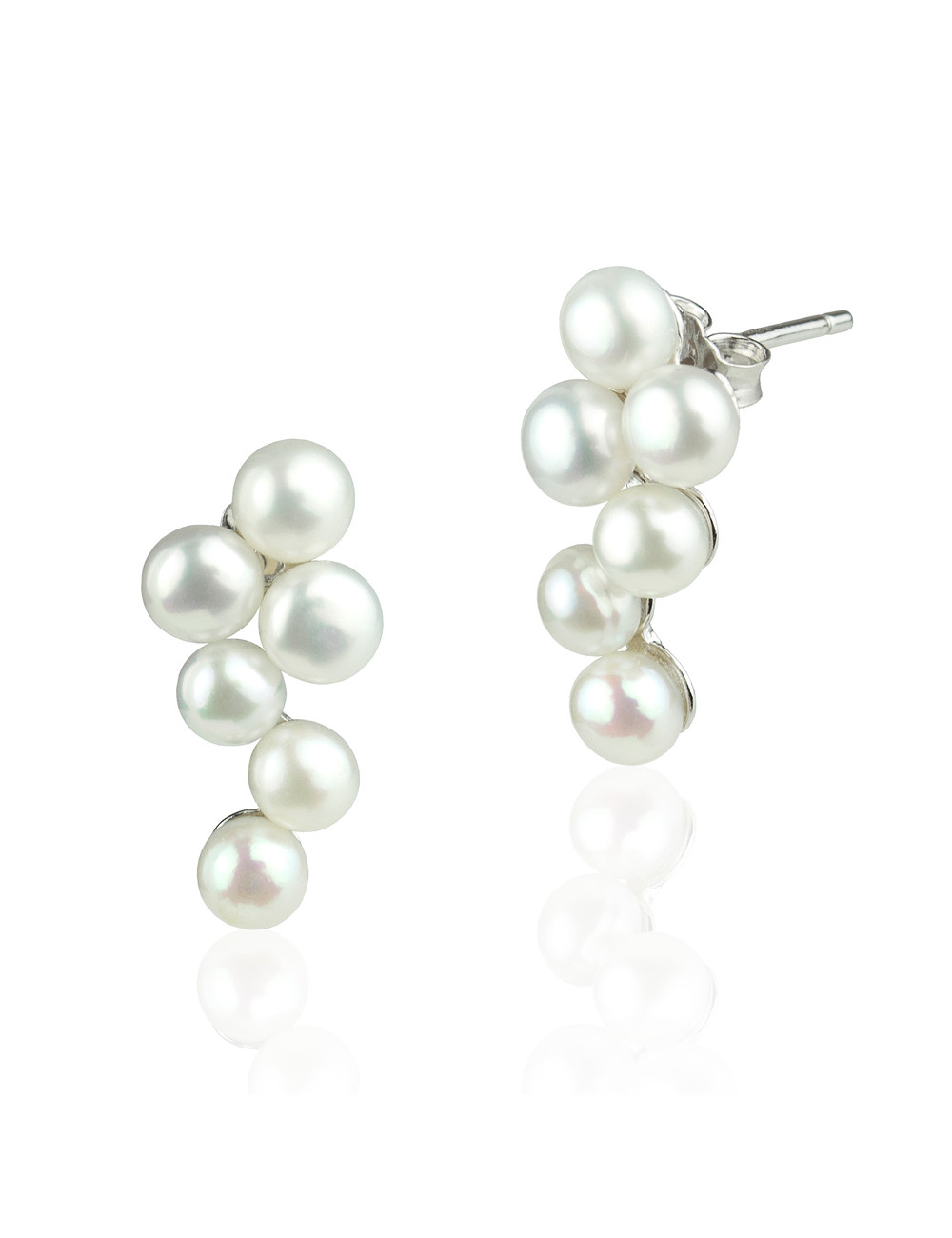 Silver post earrings with six interconnected white pearls KS34S