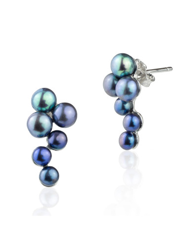Silver post earrings with six interconnected dark pearls KS34S