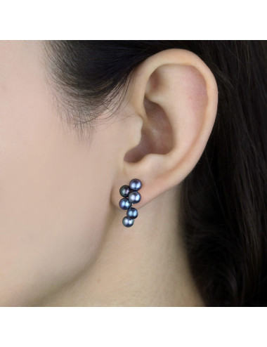 Silver post earrings with six interconnected dark pearls KS34S