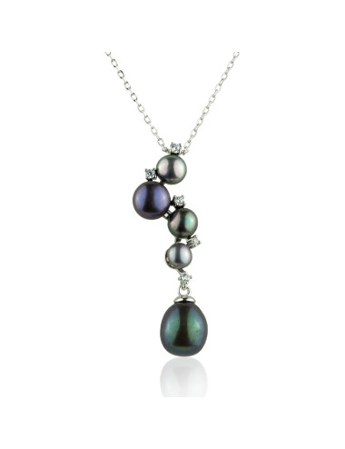 Srebrny łańcuszek z wisiorkiem zdobionym 5 cyrkoniami, z ciemnymi 3/4 okrągłymi perłami oraz dużą owalną perłą Lan5090S