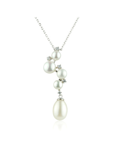 Silver chain with pendant adorned with 5 cubic zirconias, with white 3/4 round pearls and a large oval pearl Lan5090S