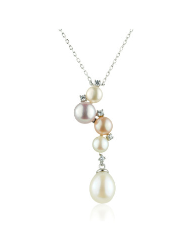 Srebrny łańcuszek z wisiorkiem zdobionym 5 cyrkoniami, z 3/4 okrągłymi perłami oraz dużą owalną perłą Lan5090S