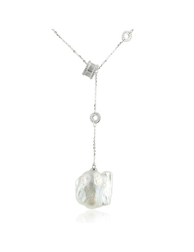 Srebrny zdobiony łańcuszek z wisiorem z dużej, białej perły o barokowym kształcie LanB20S