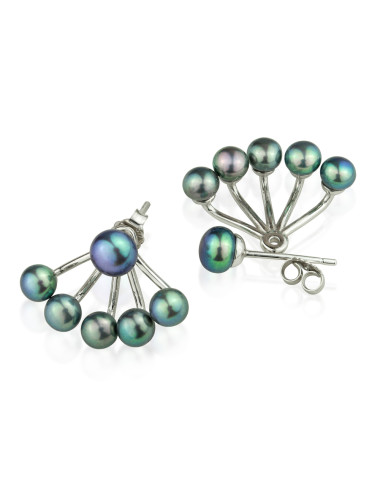 Silver earrings with post and overlay with five small dark pearls KS445x5S
