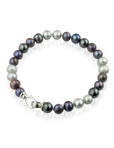 Bracelet of grey and dark pearls and hematite beads topped with a silver snap clasp BrH7080S
