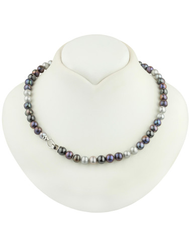 Necklace of grey and dark pearls and hematite beads topped with silver snap clasp NH7080S