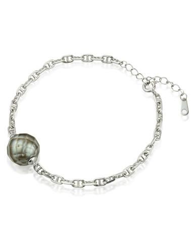 Srebrna bransoletka o splocie typu Gucci zwieńczona okrągłą, diamentowaną perłą Tahiti BRlanT1112S