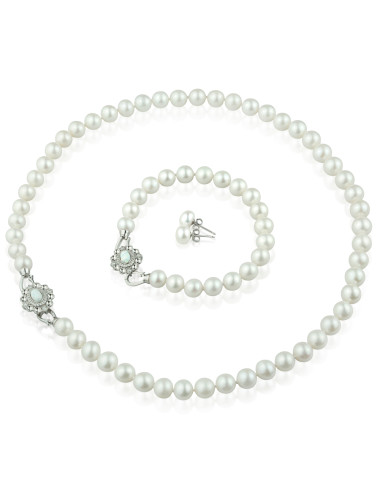 Jewellery set of white round pearls with silver snap clasp decorated with opal K7585S2M