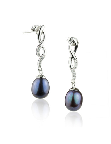 Silver post earrings with intersecting ribbons adorned with cubic zirconia, topped with an oval dark pearl KSc7080Sm2