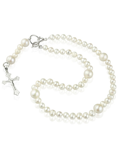 White freshwater pearl rosary with silver cross and two federing clasps RN60105Sk