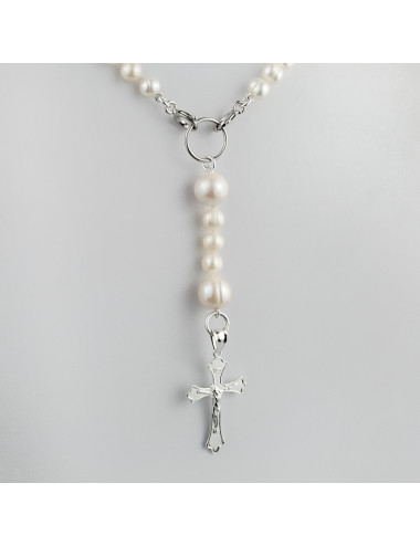 Różaniec z białych pereł słodkowodnych ze srebrnym krzyżem i dwoma zapięciami federing RN60105Sk