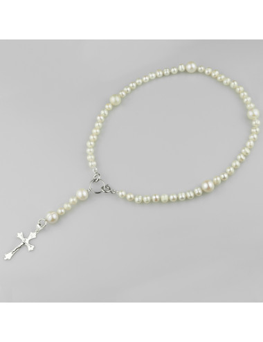 Różaniec z białych pereł słodkowodnych ze srebrnym krzyżem i dwoma zapięciami federing RN60105Sk