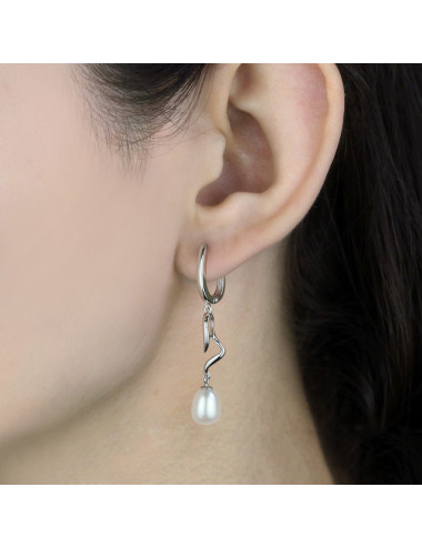 Silver long earrings with English clasp topped with oval white pearl KA7080S