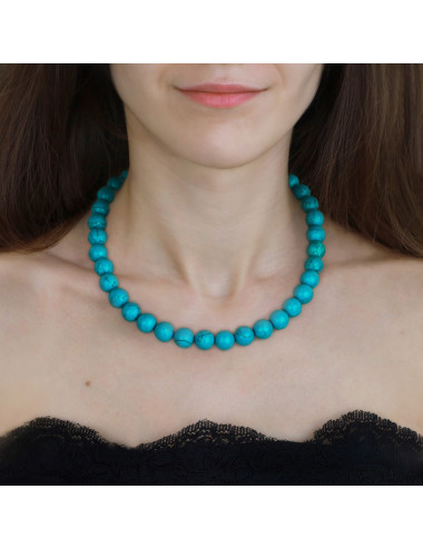 Necklace with large turquoise turkmenite spheres around model's neck NTU8512S1