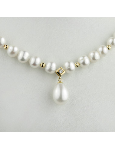 White pearl necklace with gold beads and large teardrop pendant N6070ZG