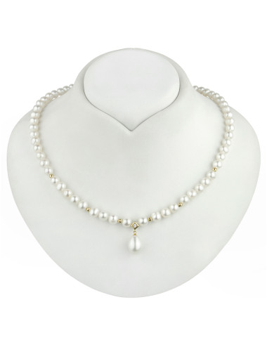 White pearl necklace with gold beads and large teardrop pendant N6070ZG