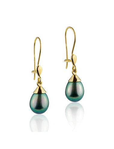 Gold pendant earrings with large dark pearls K8590G2