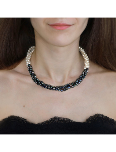 3-row necklace made of white and dark pearls, with silver oblong clasp NO56xS1BC