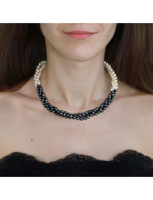3-row necklace made of white and dark pearls, with silver oblong clasp NO56xS1BC