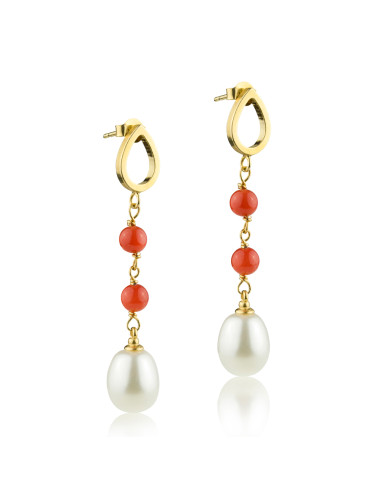Gold plated post earrings with white large oval pearls and small red coral Ks910KR56SGP