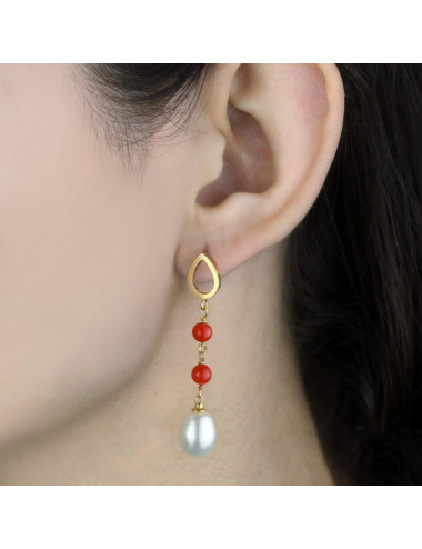 Gold plated post earrings with white large oval pearls and small red coral Ks910KR56SGP