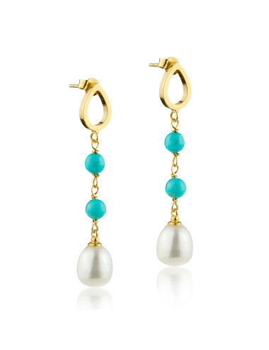 Gold plated post earrings with white large oval pearl and small two turquoises Ks910T56SGP