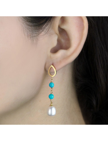 Gold plated post earrings with white large oval pearl and small two turquoises Ks910T56SGP