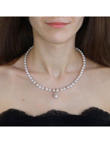 Naszyjnik z białych pereł ze złotymi kulkami i wisiorem z dużą perłą w kształcie łezki N6575ZG