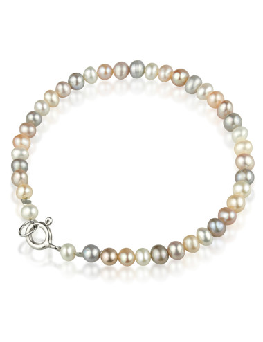 Bracelet of small oval pearls in shades of white, pink, salmon and grey with silver federing clasp Bmix4555S