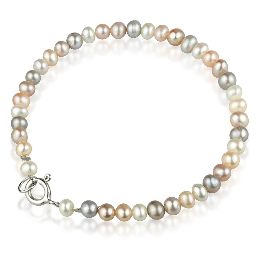 Bracelet of small oval pearls in shades of white, pink, salmon and grey with silver federing clasp Bmix4555S