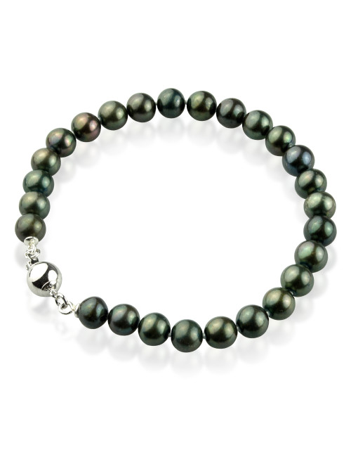 Bracelet of dark round freshwater pearls with silver ball clasp BO7080S3