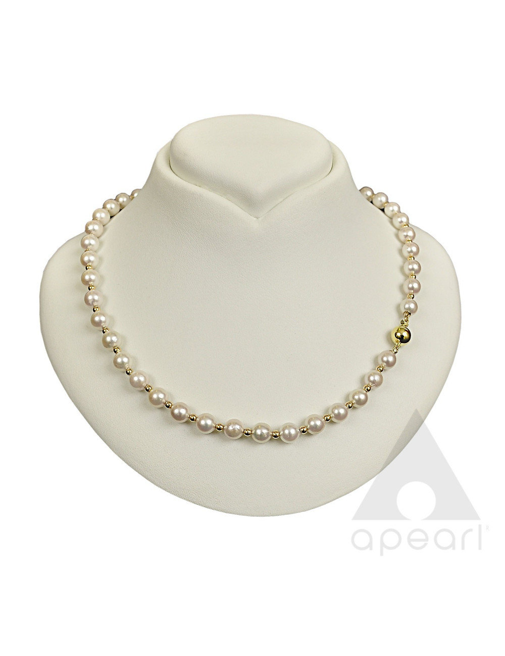 Necklace of white Akoya pearls intertwined with beads made of 14K gold NmO775KUG2
