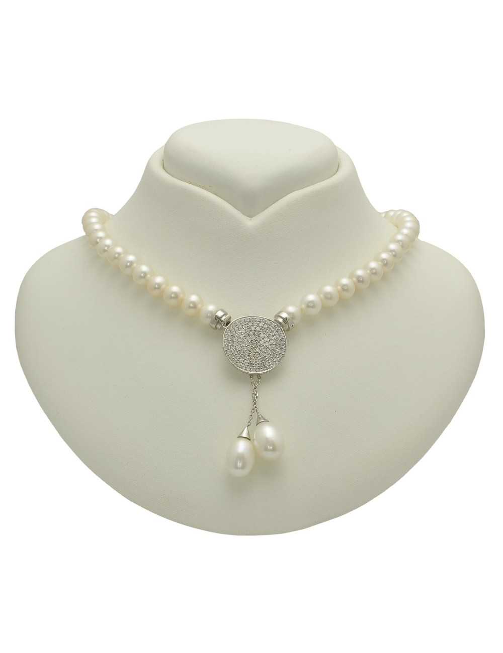 Pearl necklace with a circle filled with cubic zirconias, to which are attached chains with two teardrop-shaped pearls NO89GPCZ
