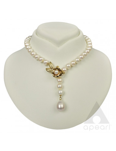 White pearl necklace with gold clasp with rose NO89P360G