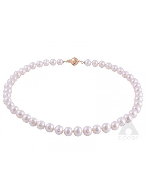 White pearl necklace with gold ball clasp decorated with rubies N910G6087
