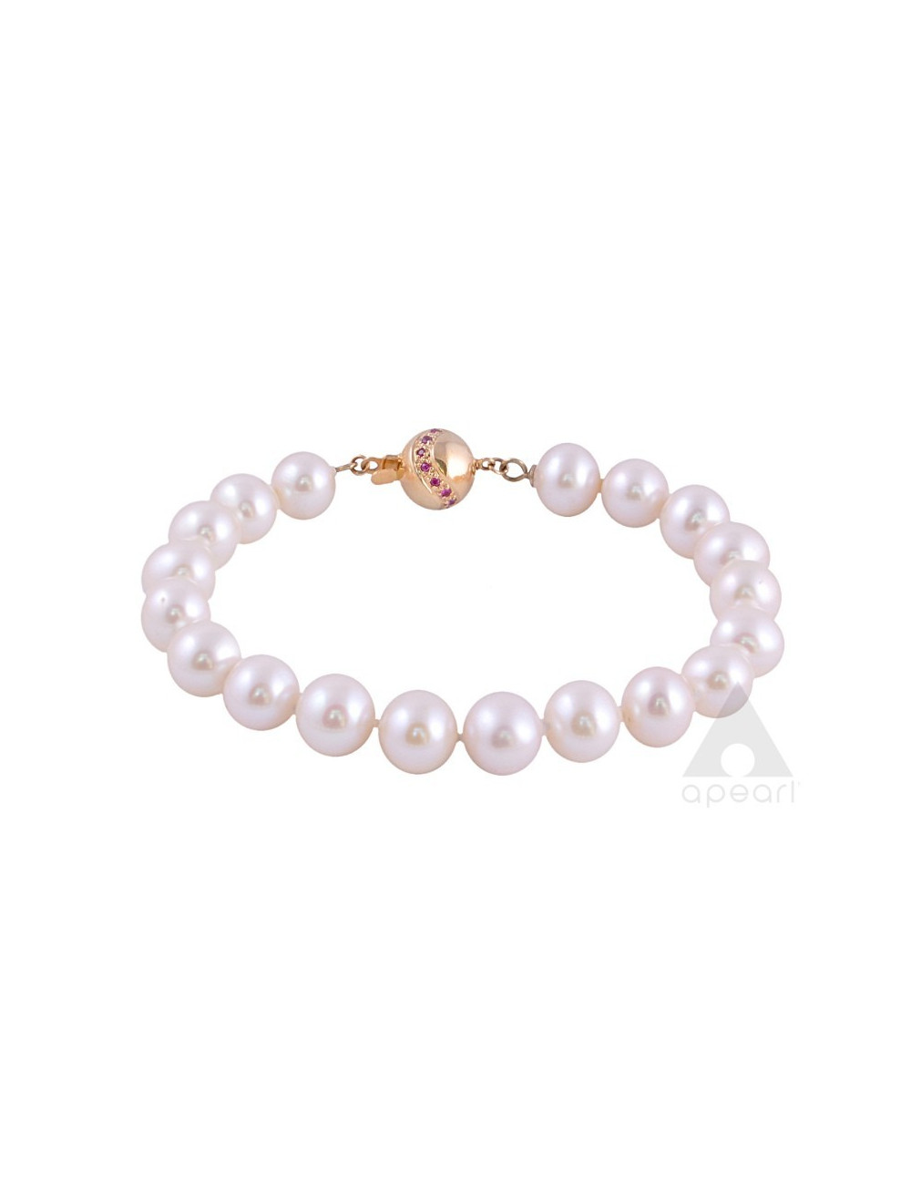 White pearl bracelet with gold ball clasp decorated with rubies B910G6087