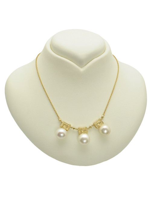 Gold necklace with three geometric designs decorated with diamonds set with large pearls FP12311G