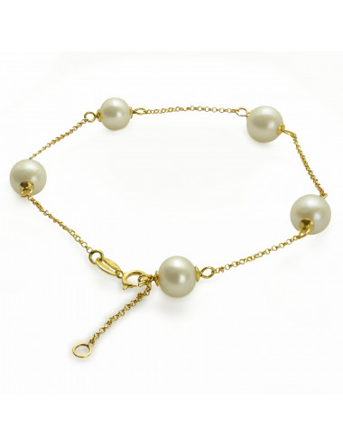 Złota bransoletka łańcuszkowa z 5 białymi perłami, ułożonymi od siebie w równej odległości BO89GCH