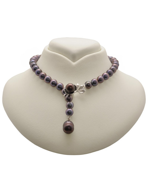 Large dark pearl necklace with floral clasp in white gold NO910P362G