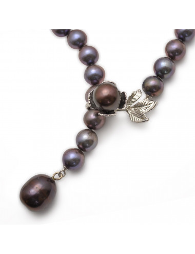 Large dark pearl necklace with floral clasp in white gold NO910P362G