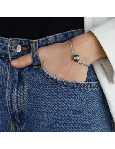 Sterling silver Gucci bracelet topped with Tahiti round diamond pearl BRlanT1112S