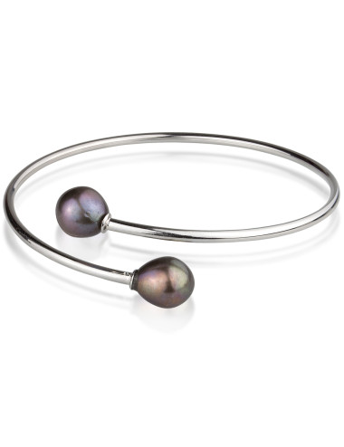 Silver open hoop bracelet, topped with dark oval pearls on both sides BRKOL7585SR