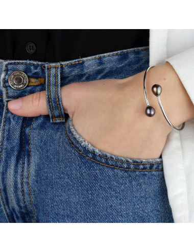 Silver open hoop bracelet, topped with dark oval pearls on both sides BRKOL7585SR